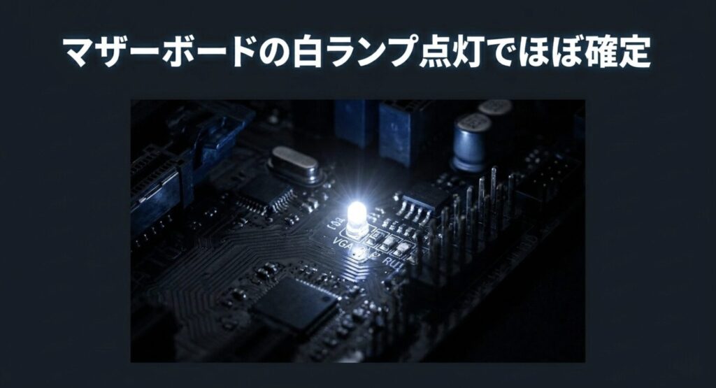 マザーボード上で白く点灯しているVGAランプ（Q-LED）の画像