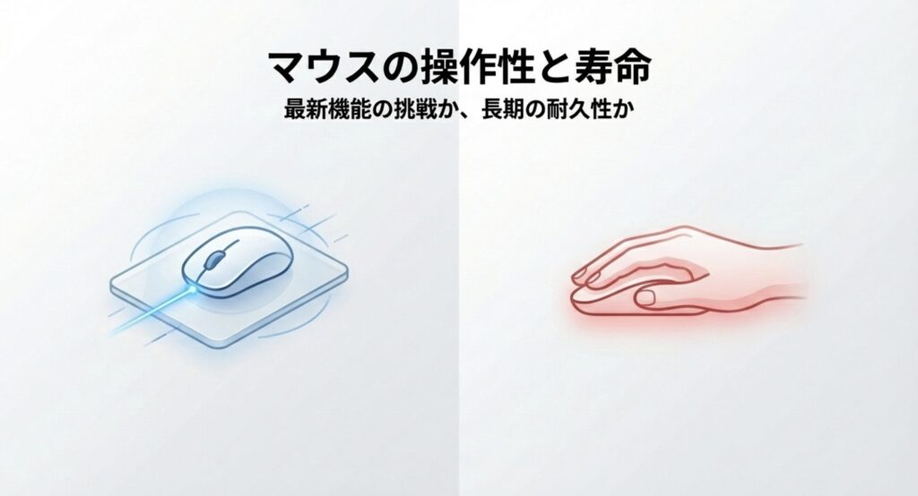 マウスのイラスト。マウスの操作性と寿命、最新機能の挑戦か長期の耐久性かというテキスト