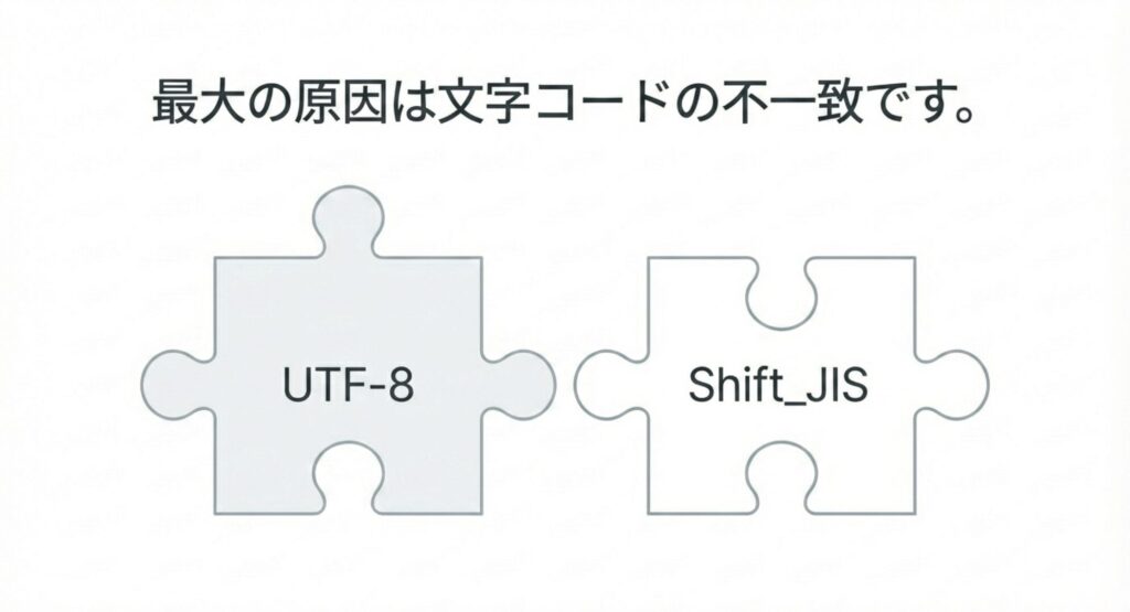 最大の原因は文字コードの不一致であることを示す、UTF-8とShift_JISのパズルピースのスライド