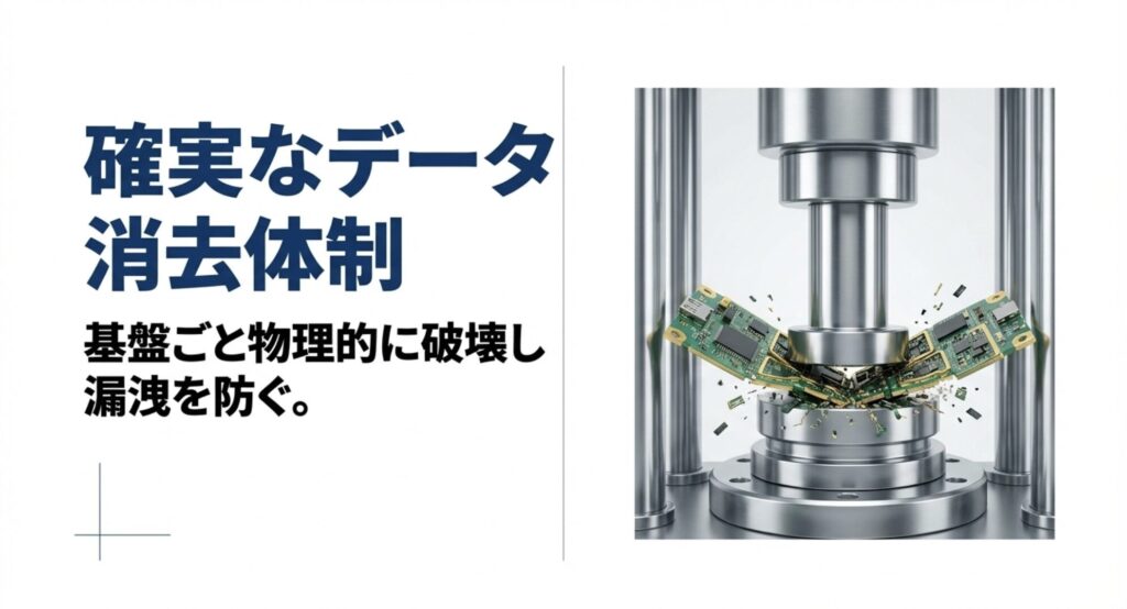 専用機器を用いてスマホの基盤ごと物理的に破壊しデータ漏洩を防ぐ様子