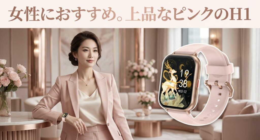 オフィスカジュアルやフォーマルにも合う上品なピンクのRuimen H1の着用イメージ