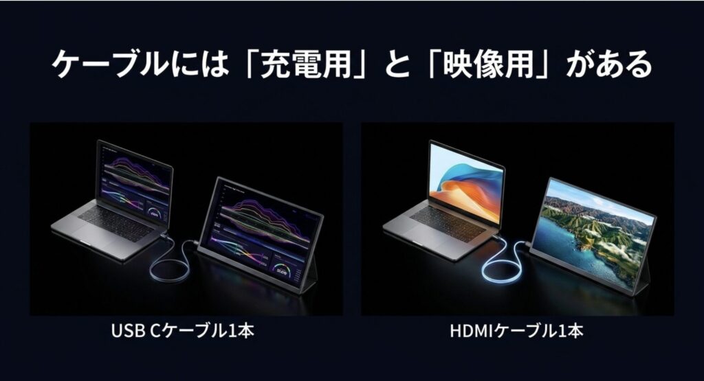 USB Type-Cケーブルには「充電専用」と「映像対応」があり、モニター接続には映像対応ケーブルが必要であることを示す比較スライド