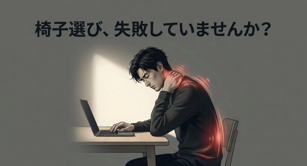 体に合わない椅子を選んでしまい、首や腰に痛みを感じて失敗している男性のイラスト