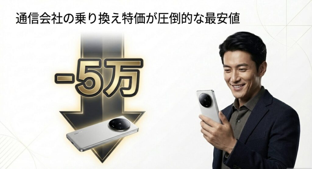 通信会社の乗り換え（MNP）特価を利用してXiaomi 15 Ultraを5万円引きで買う方法のイメージスライド