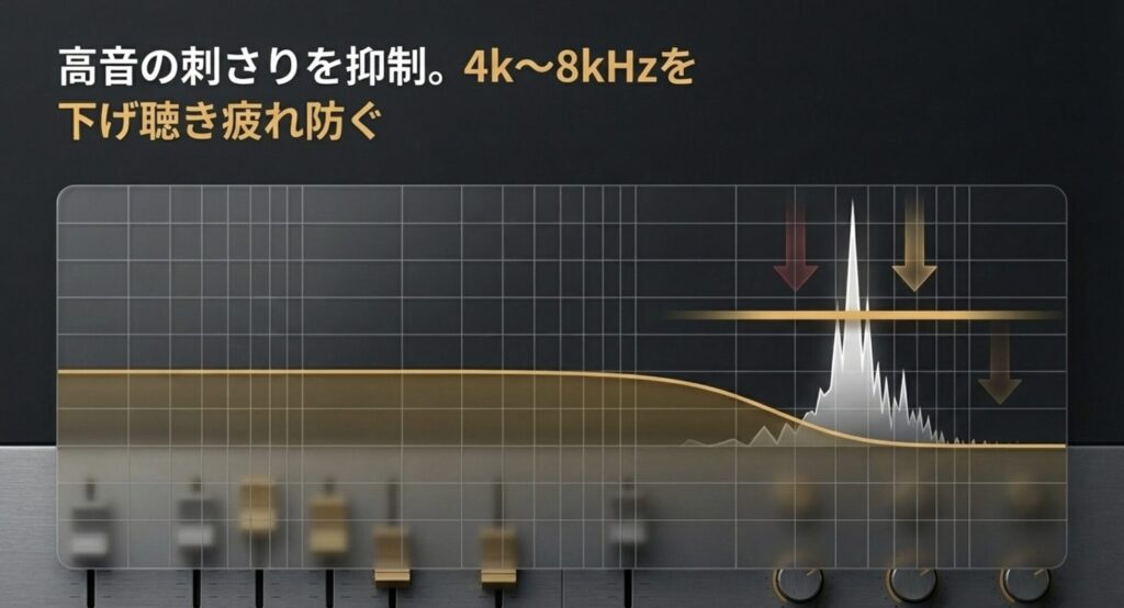 4kHzから8kHzの高音域を下げて聴き疲れを防ぎ、シビランスを抑制するイコライザー画面