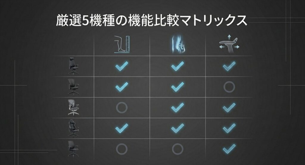 4万円以下で買えるおすすめワークチェア5機種の機能や適正身長をまとめた比較マトリックス表