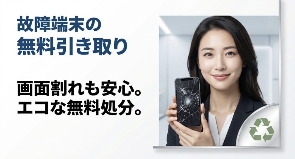 画面がバキバキに割れたiPhoneを持つ女性とエコな無料処分を示すリサイクルマーク