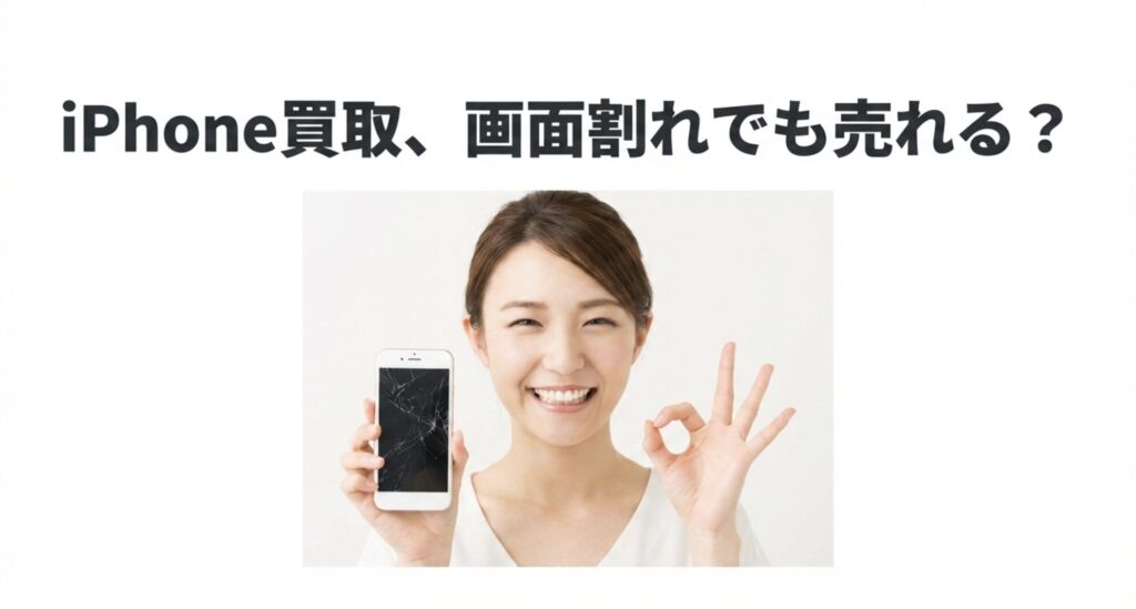 画面割れしたiPhoneを手に持ち、笑顔でOKサインを出す女性