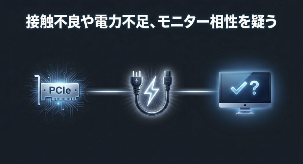 PCIeスロットや電源ケーブルが描かれ、接触不良や電力不足を疑うよう促すスライド