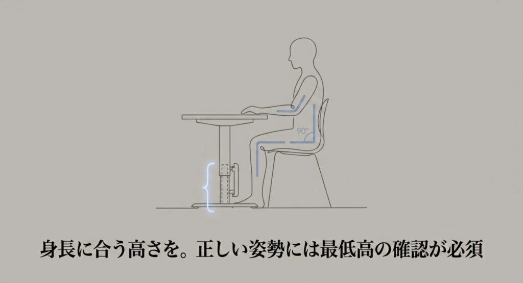 デスクの最低高を確認し、肘と膝が90度になる正しい姿勢のイラスト