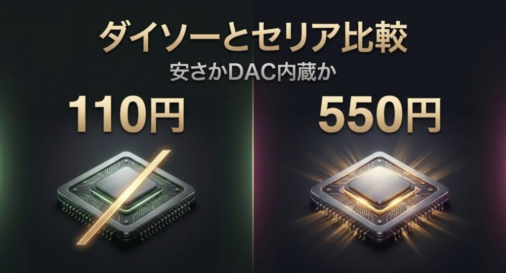 100均のダイソーとセリアで販売されているイヤホンのDAC内蔵や価格を比較したスライド