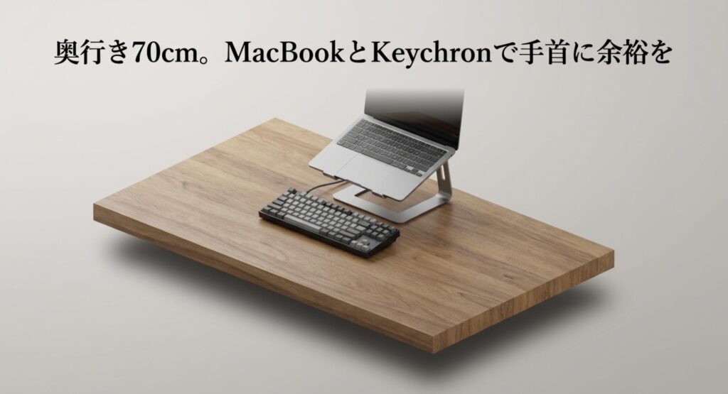 奥行き70cmのデスク天板にMacBookとKeychronのキーボードを配置し、手首に十分な作業スペースを確保したレイアウト例