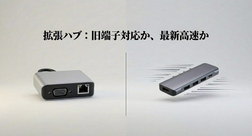 拡張ハブの選び方として旧端子対応か最新高速かを比較するスライド画像