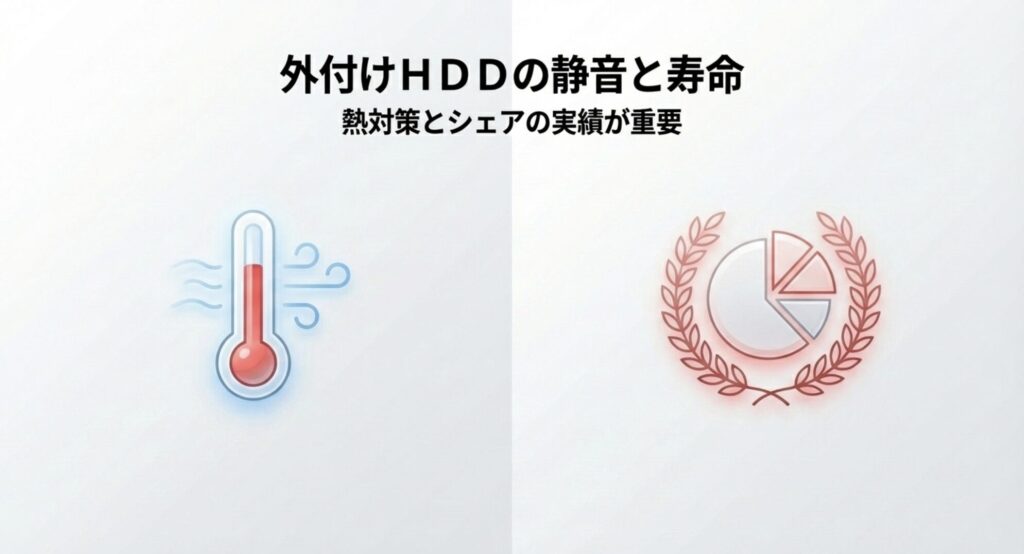 円グラフと月桂樹のイラスト。外付けHDDの静音と寿命、熱対策とシェアの実績が重要というテキスト