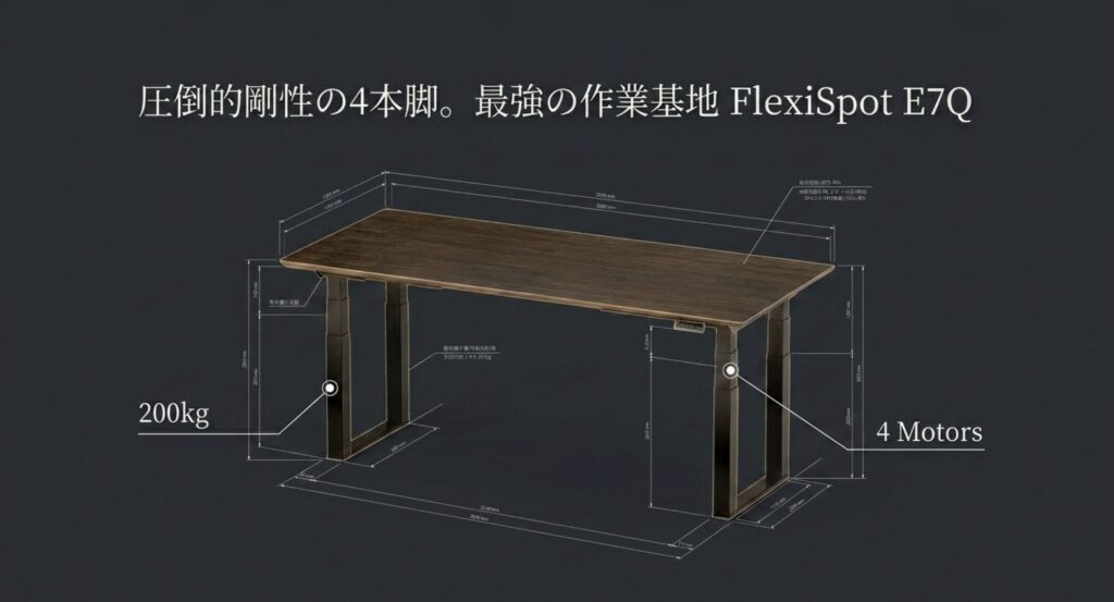 圧倒的剛性の4本脚。最強の作業基地となるFlexiSpot E7Q