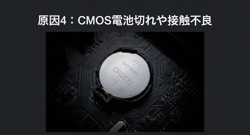マザーボードのCMOS電池（CR2032）切れやハードウェアの接触不良のイメージ