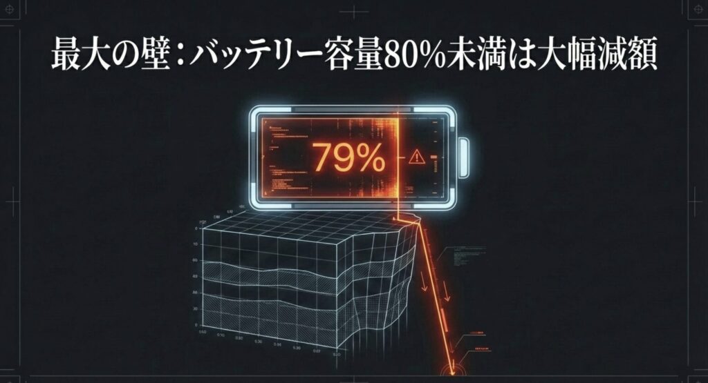 iPhoneのバッテリー最大容量が79%になり、査定額が急激に下落するグラフのイメージ