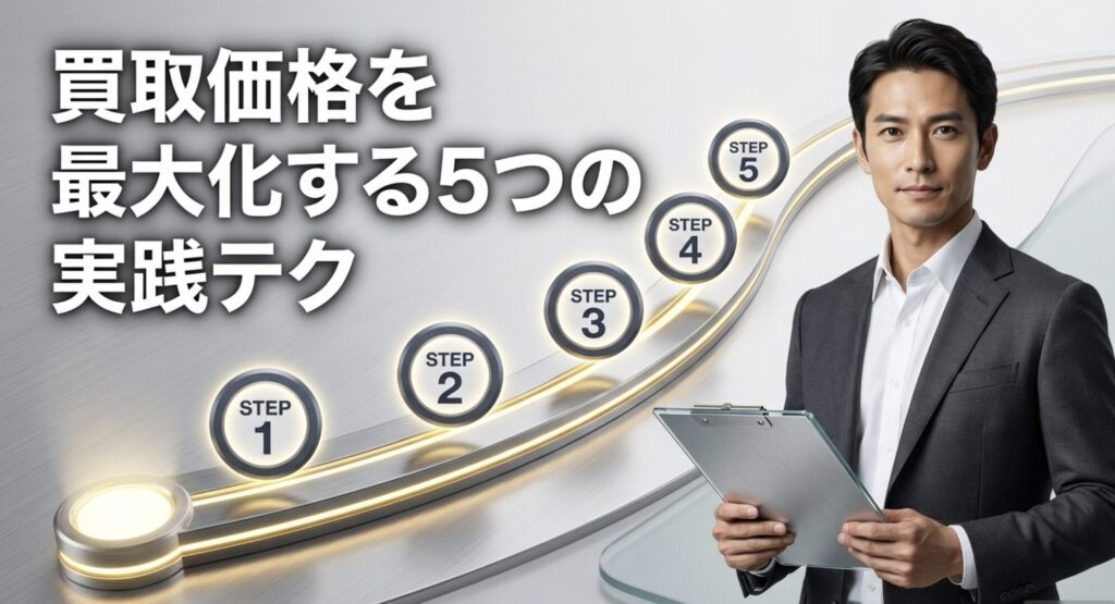 イヤホンの買取価格を最大化するための5つの実践ステップを示す図解