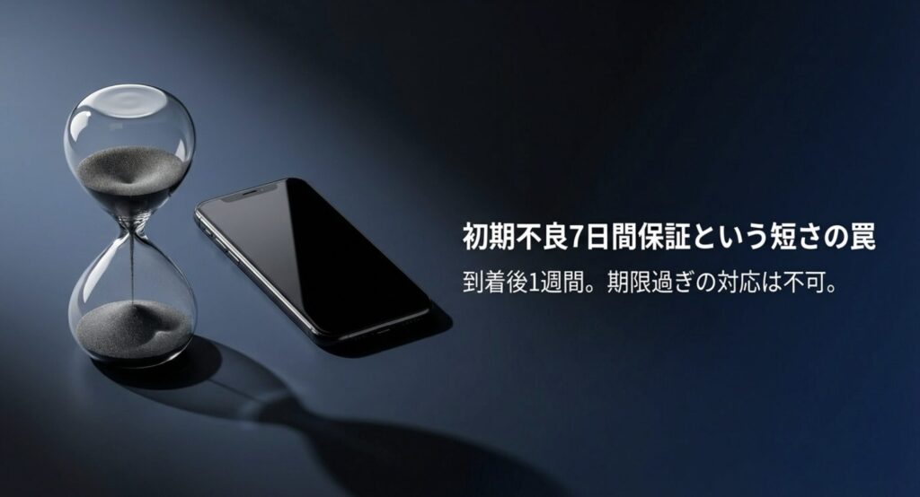 ノジマオンラインの初期不良保証は到着後1週間と短く、期限を過ぎると対応不可になる注意点を示すスライド