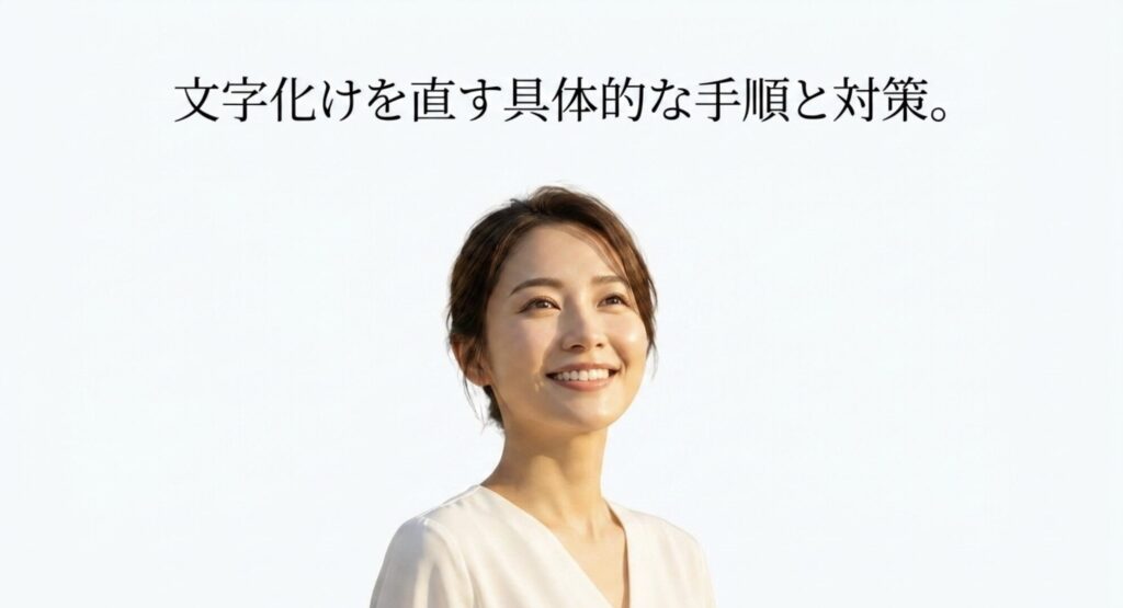 文字化けを直す具体的な手順と対策を示すスライドと笑顔の女性