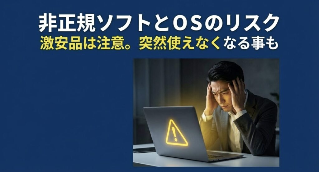 非正規ソフトや要件を満たさないOSが搭載された激安パソコンを購入して頭を抱える男性の画像