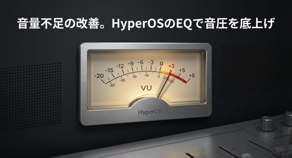 HyperOSのイコライザー機能を活用して音量不足を改善し、音圧を底上げするイメージ（VUメーター）