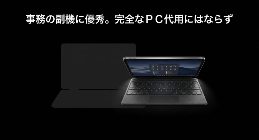 キーボード付きのタブレット。事務の副機に優秀だが、完全なPC代用にはならないことを示す画像