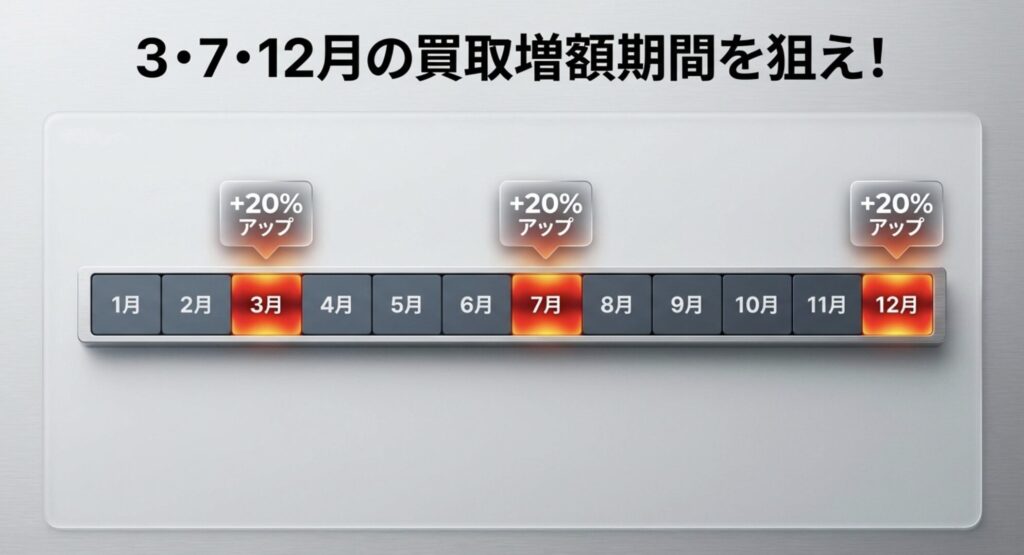 3月、7月、12月の買取増額キャンペーン期間を狙うことで査定額が20%アップするグラフ