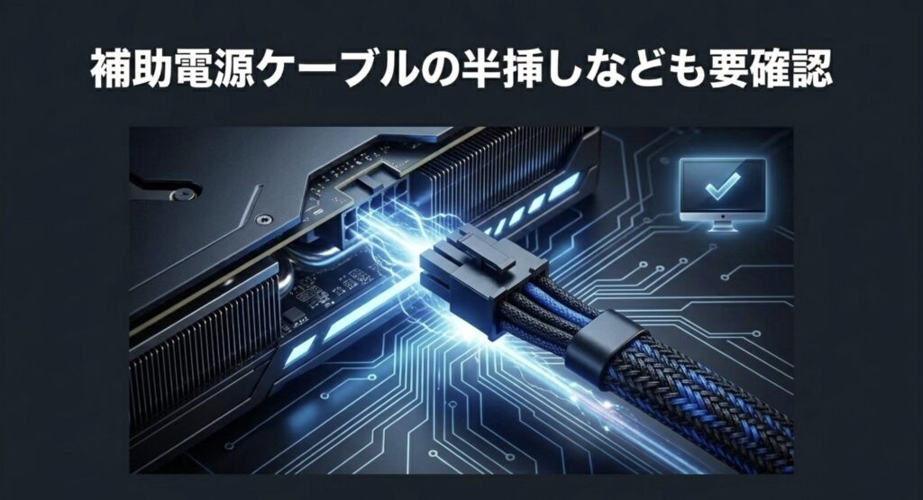 グラフィックボードに補助電源ケーブルをしっかりと挿し込んでいる様子を描いた画像
