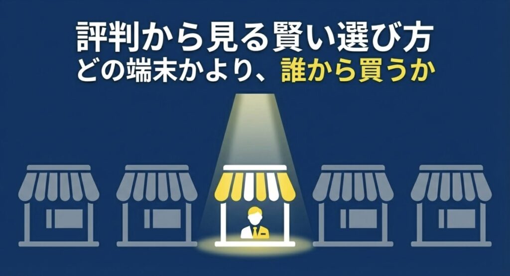 Amazon中古パソコン選びにおいて、どの端末かよりも信頼できる販売業者を選ぶ重要性を示す店舗アイコン画像