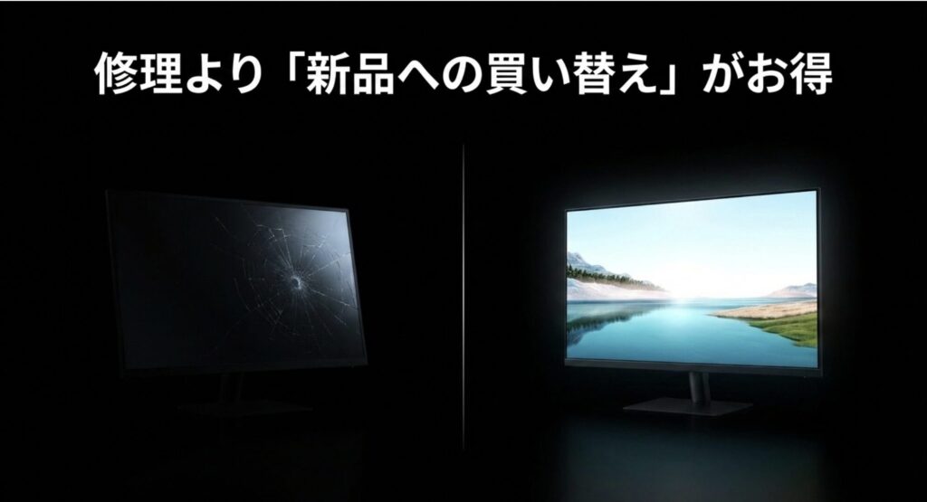 モバイルモニターの基板修理や液晶パネル修理の相場と、新品のKEEPTIMEモニター購入価格を比較し、買い替えがお得であることを示すスライド