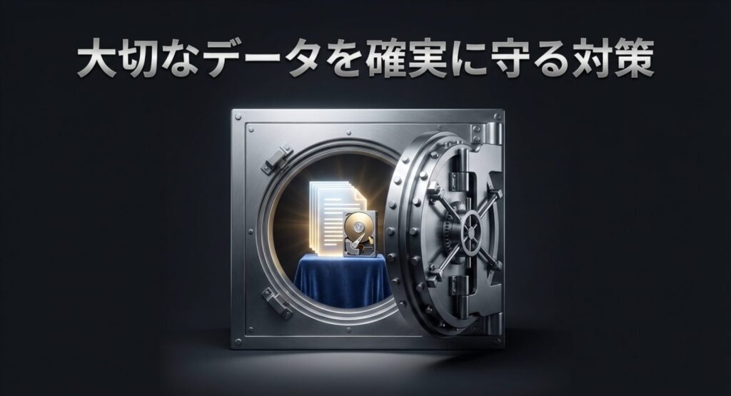 頑丈な金庫内にドキュメントとハードディスクが保管されているイメージ画像とデータ保護対策