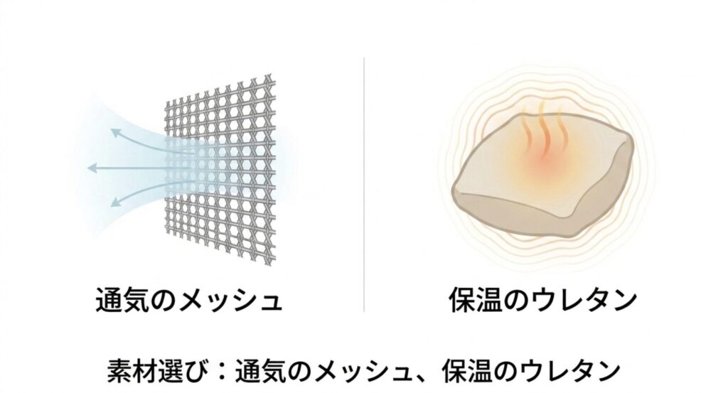 通気性に優れたメッシュ素材と、保温性に優れたウレタン素材の違いや特徴を表した図解
