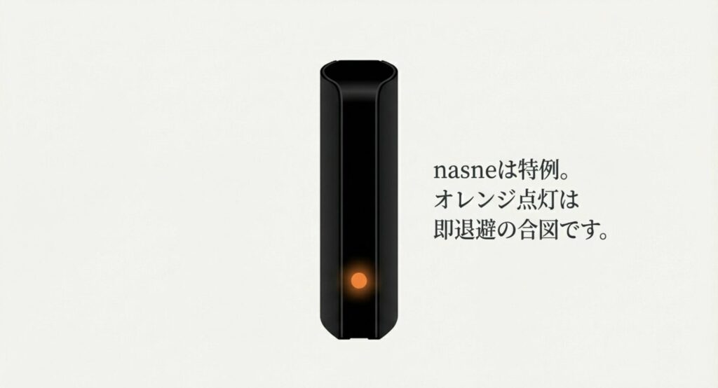 オレンジ色に点灯するnasneのランプ。ハードディスクの劣化を示し、即座に録画番組を退避させる必要があることを表す画像