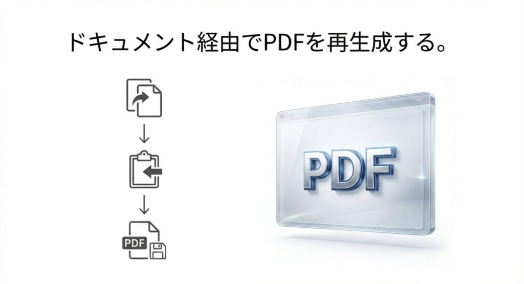 ドキュメント経由でPDFを再生成する手順を説明するクリップボードとPDFのアイコンスライド