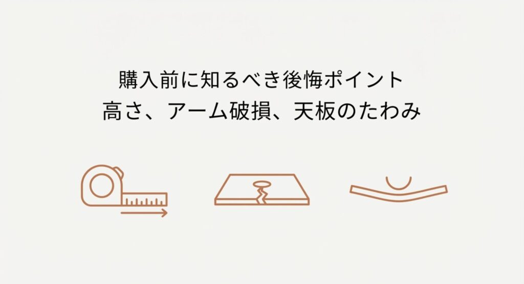 購入前に知るべき後悔ポイント。高さ、アーム破損、天板のたわみについて警告するメジャーのイラストスライド
