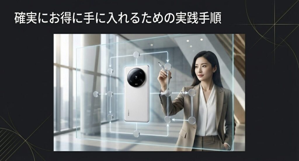 Xiaomi 15 Ultraを確実にお得に手に入れるための実践手順を解説するスライド