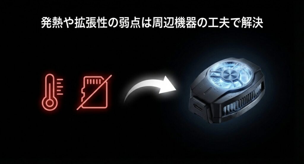 タブレットの背面に装着する冷却ファン。発熱や拡張性の弱点は周辺機器の工夫で解決できることを示す画像