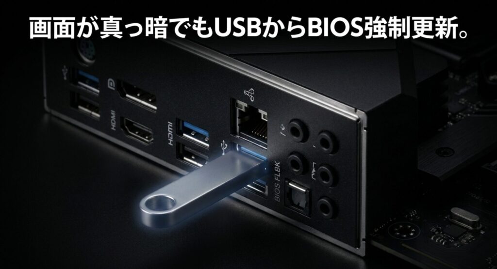 画面が映らない状態でもUSBメモリからBIOSを強制更新するBIOS FlashBack機能のイメージ