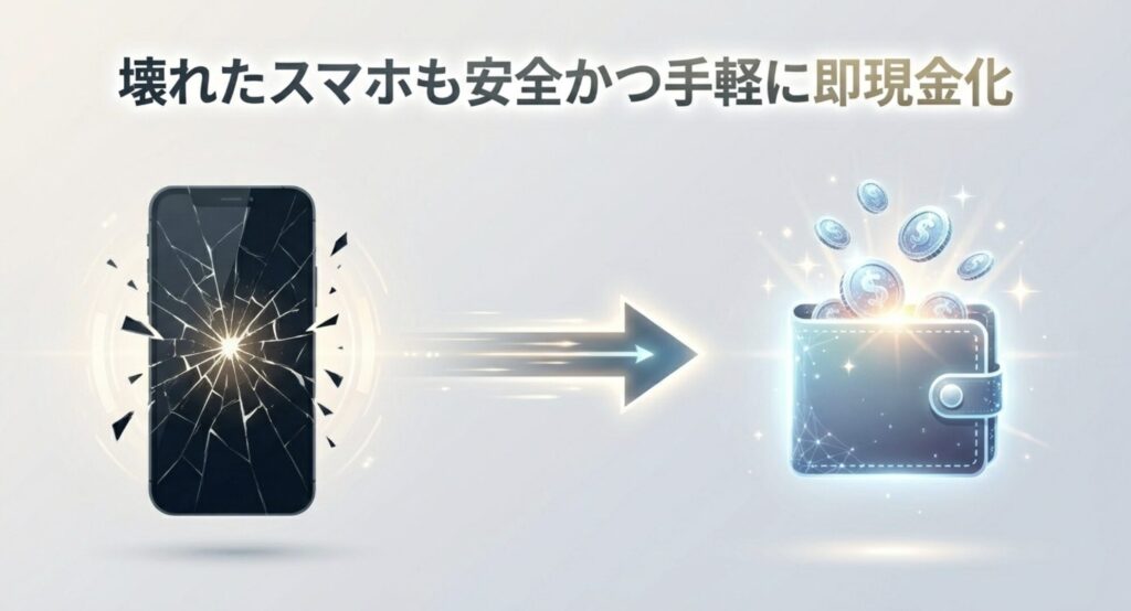 壊れたスマホでも安全かつ手軽に即現金化できることを示すイメージ