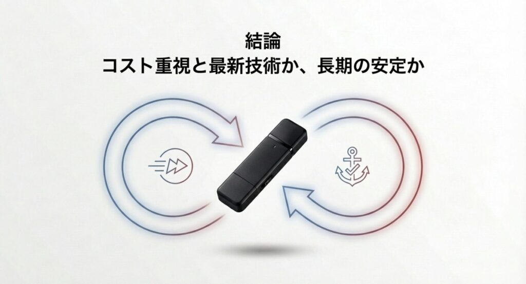USBメモリと矢印、スピードと安定を示すアイコン。結論、コスト重視と最新技術か長期の安定かというテキスト