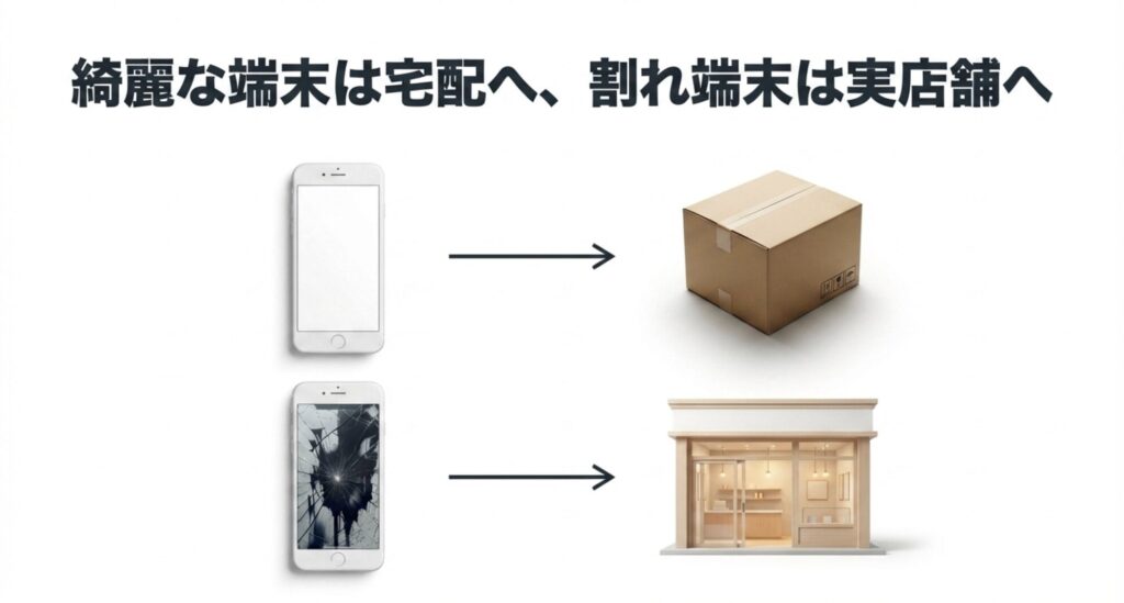 綺麗なiPhoneは宅配買取のダンボールへ、画面割れしたiPhoneは実店舗へ向かう図解