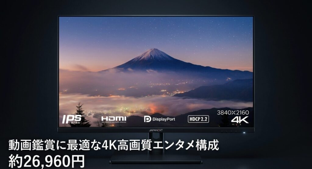 動画鑑賞に最適な4K高画質エンタメ向けモニターとアームの構成（約26,960円）