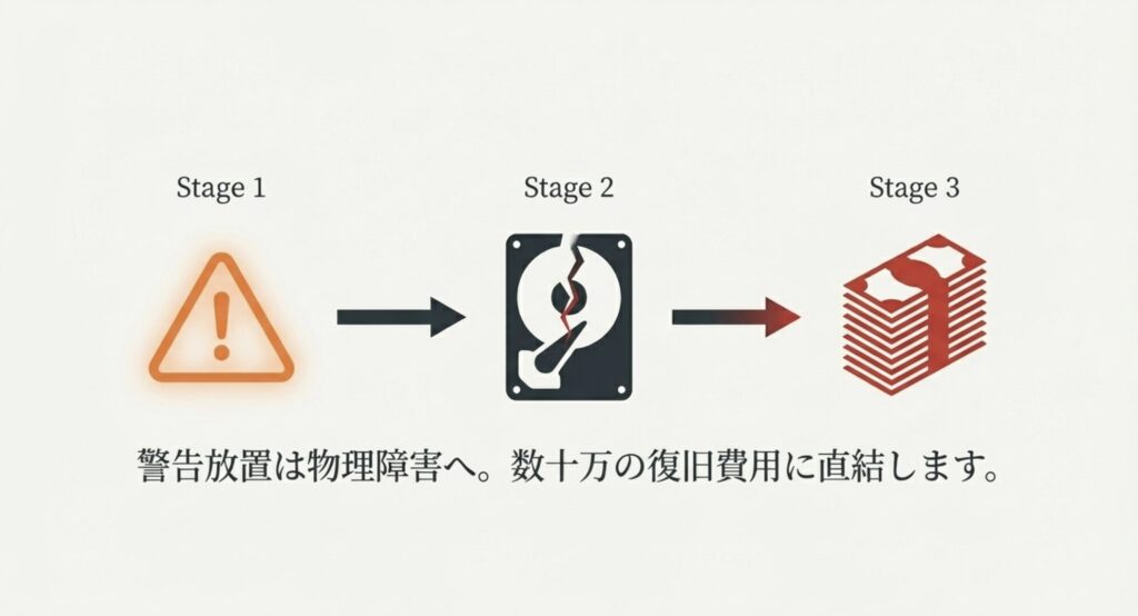 警告を無視した結果、ハードディスクが物理的に破損し、数十万円の高額なデータ復旧費用がかかるリスクを示すイラスト