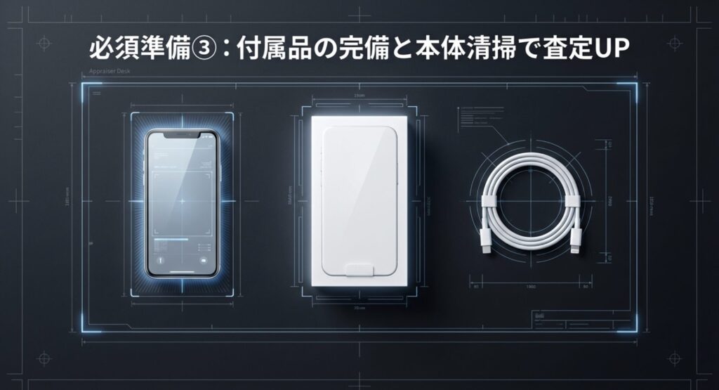 査定額アップに必要なiPhone本体、綺麗な外箱、純正の充電ケーブルのセットアップ画像
