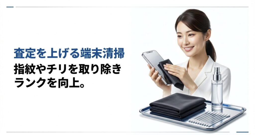 専用のクロスとスプレーを使ってiPhoneの指紋やチリを丁寧に取り除く女性