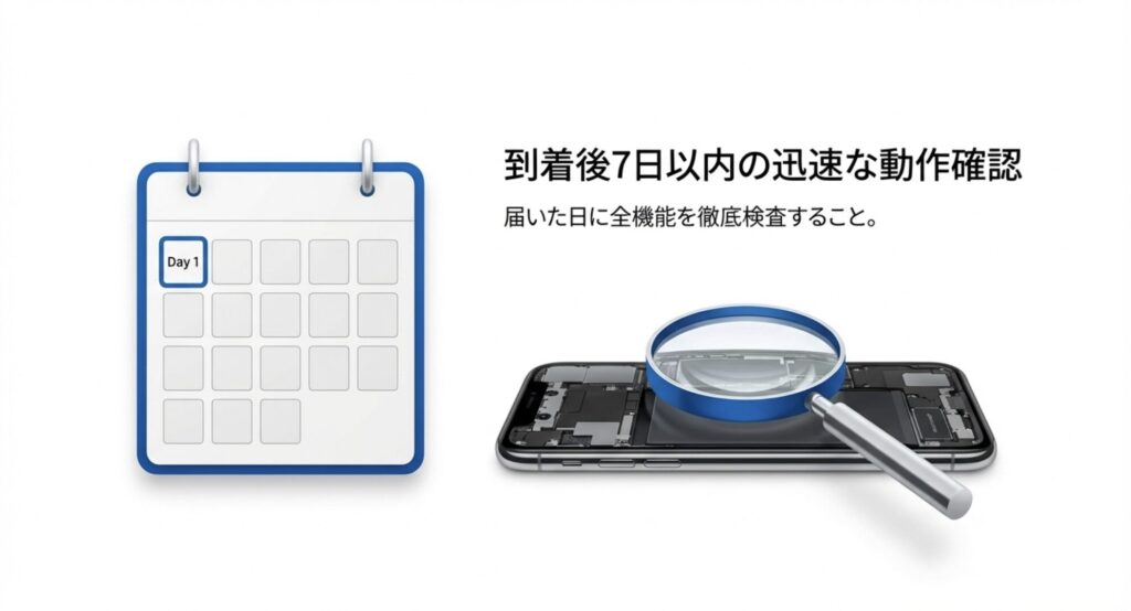 商品到着後7日以内にスマートフォンの全機能を徹底検査し、迅速に動作確認する必要があることを説明する画像