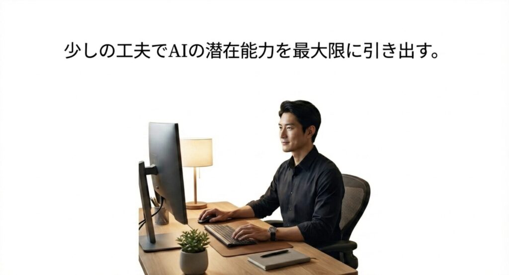 少しの工夫でAIの潜在能力を最大限に引き出すことを示す、デスクでパソコン作業をする男性のスライド