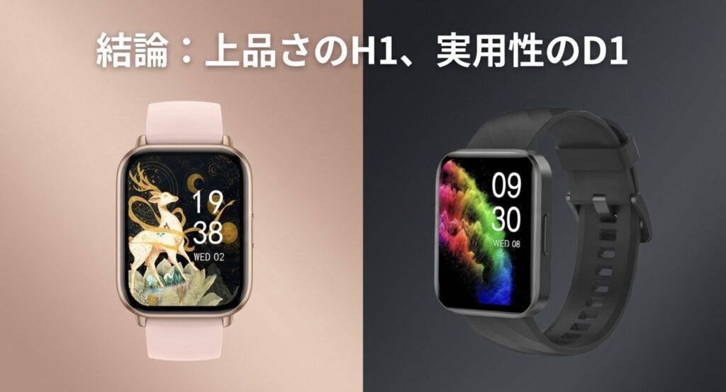 上品さを求めるならH1、実用性を求めるならD1という最終的な結論をまとめたスライド