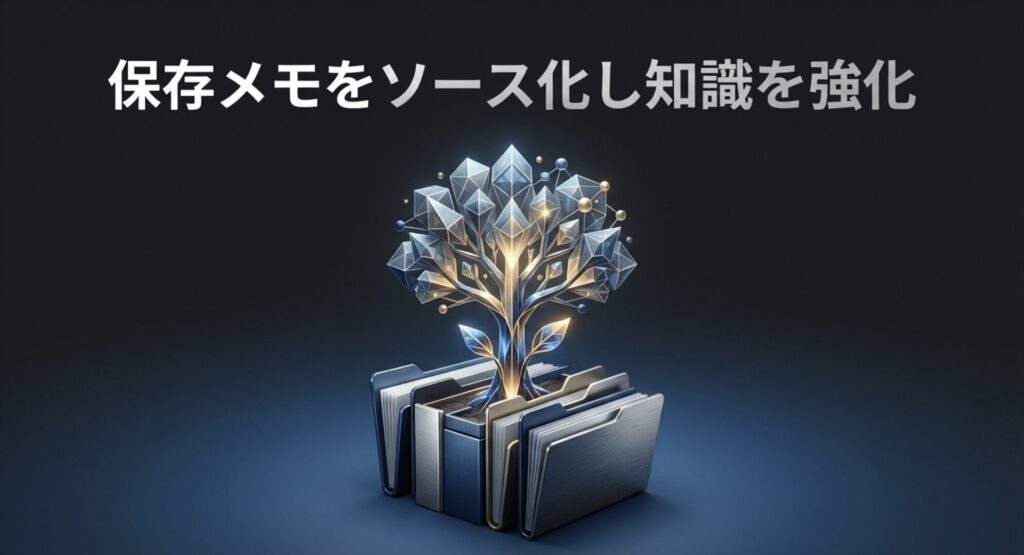 複数のフォルダから輝くクリスタルの木が育っているイメージ画像と、保存メモのソース化による知識強化の解説